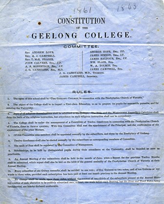 The first Constitution of the newly established <br/>Geelong College published in 1861.